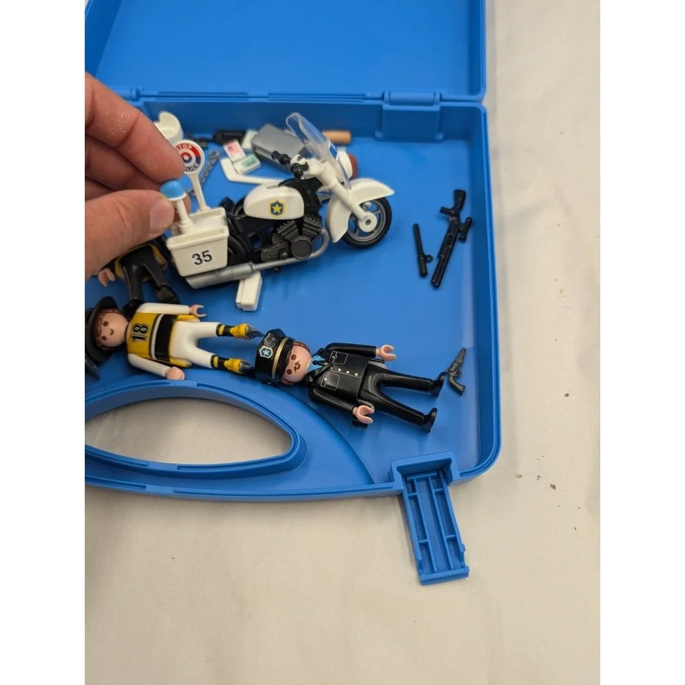 Playmobil Carrying Case W Figures Accessories Police Motorcycle Hockey Players